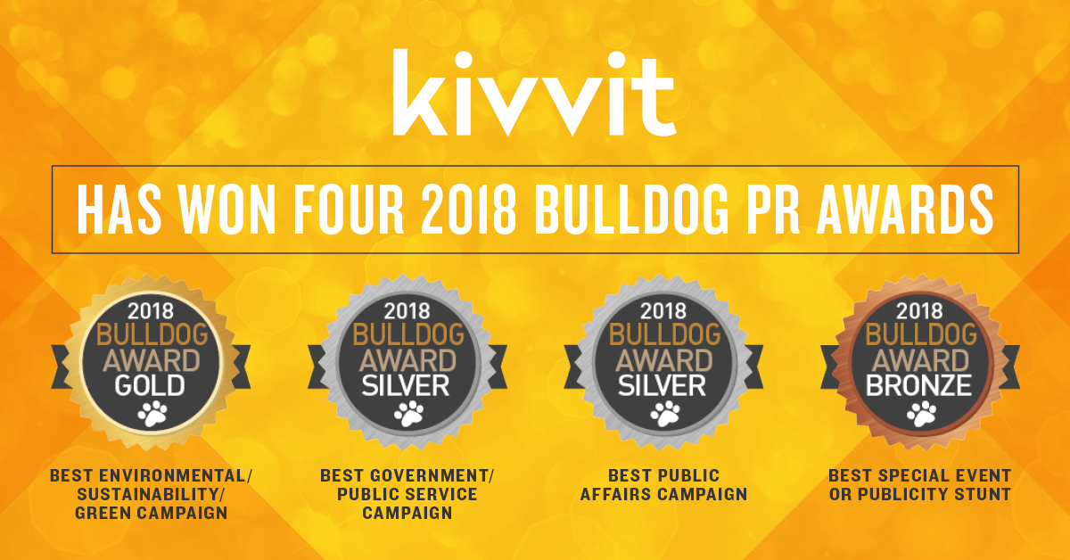 Image reads Kivvit has won four 2018 Bulldog PR Awards.