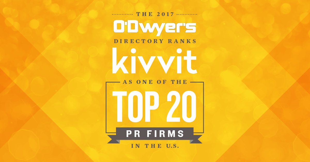 Image says 2017 O'Dwyers Directory Ranks Kivvit as one of the Top 20 PR Firms in the U.S.