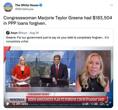 Image is sscreen shot from Twitter reads Congresswoman Marjorie Taylor Greene has $183,504 in PPP Loans Forgiven
