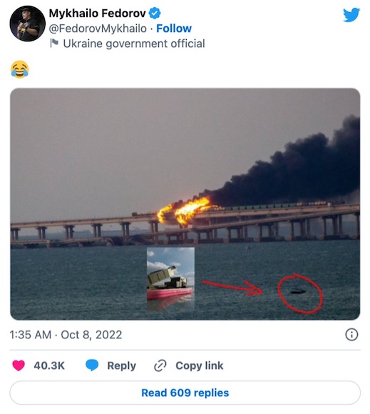 Tweet shows bridge burning with inset photo.